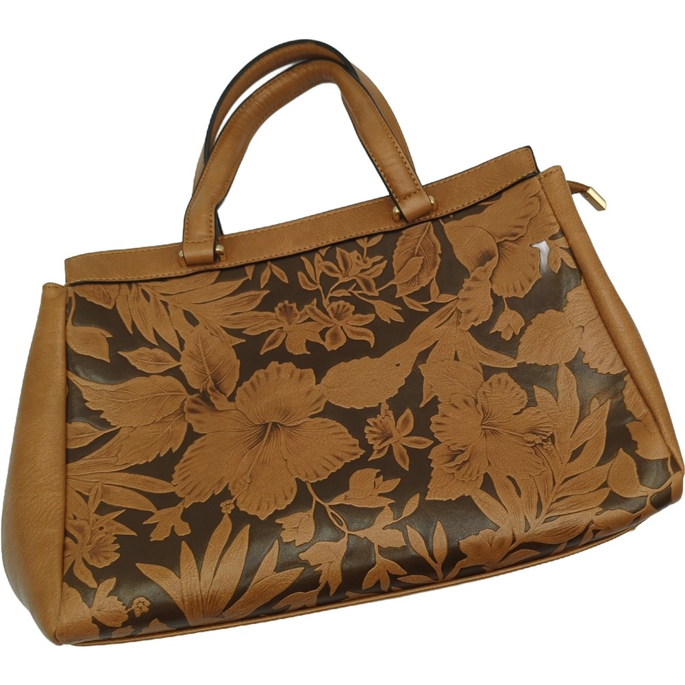 Faux Leather Floral Embossed Satchel Handbag Brown Hibiscus Pattern Tote